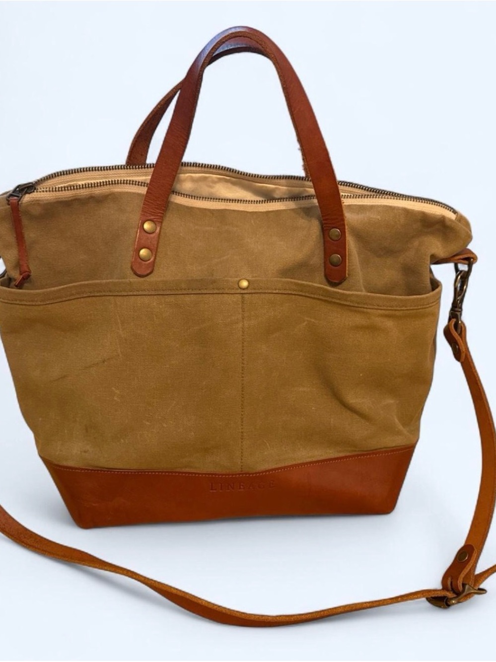 Waxed Canvas Tote with Leather Trim in Brown